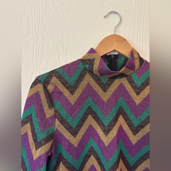 70’s Inspired Disco Metallic Multicolour Zig Zag Flare One Piece Jumpsuit Set - Picture 10 of 16